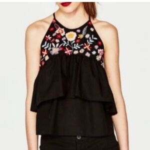 Zara Floral Embroidered Black Sleeveless Top